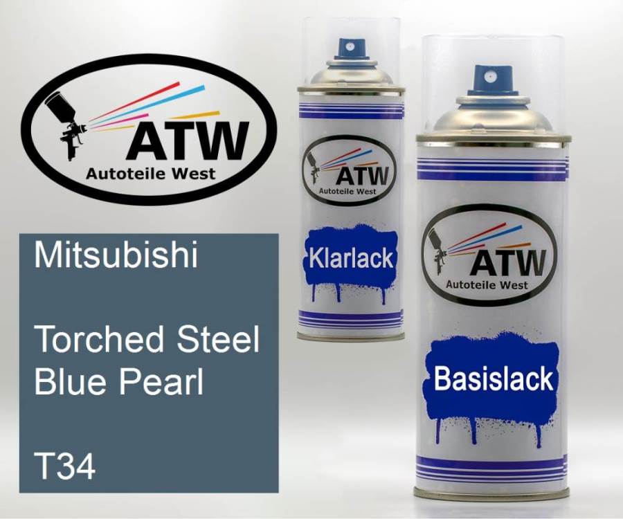 Mitsubishi, Torched Steel Blue Pearl, T34: 400ml Sprühdose + 400ml Klarlack - Set, von ATW Autoteile West.